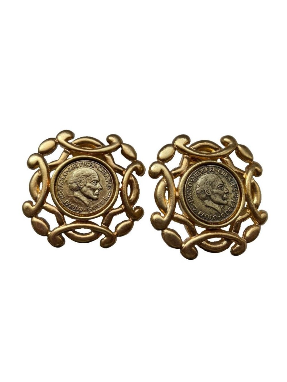 PAOLO GUCCI Vintage Coin Gold Tone Designer Clip Earrings Pair Roman Coil Stud